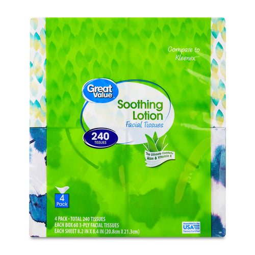 Close-up front of Great Value Soothing Lotion facial tissues pack with green design and 240 tissues callout