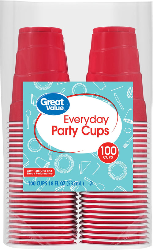 Close-up of packaged stacks of red disposable cups showing Great Value Everyday Party Cups label and 100 count badge