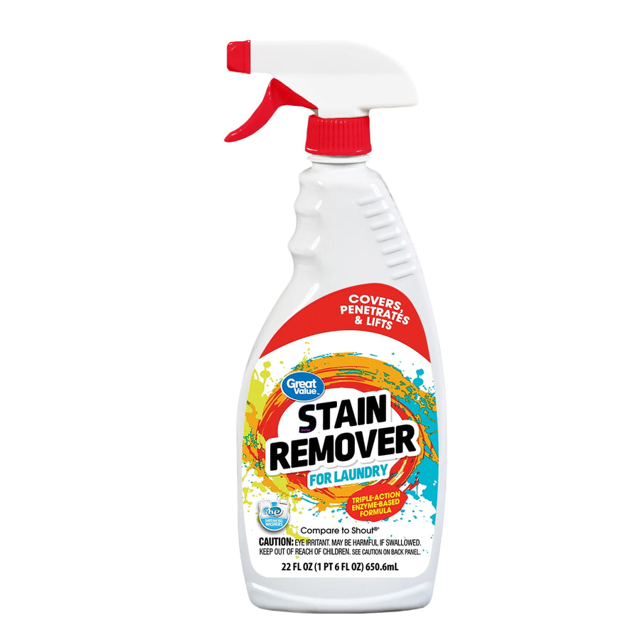 White Great Value stain remover spray bottle with colorful label and red trigger on white background