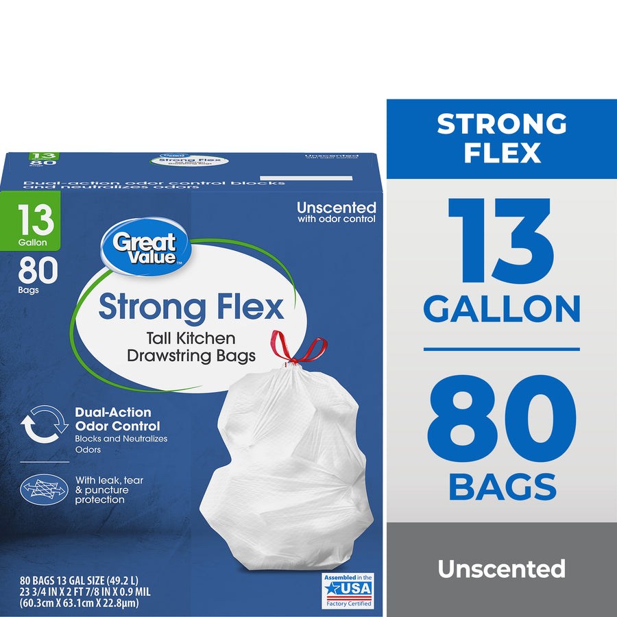 Great Value Strong Flex 13 gallon tall kitchen drawstring bag packaging with product image