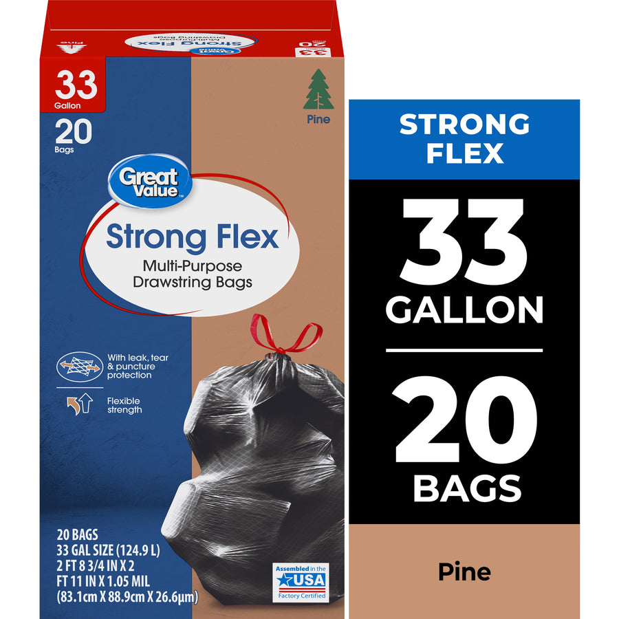 Front-facing product box for Great Value Strong Flex 33-gallon drawstring trash bags with pine scent, showing bag image and size callouts.