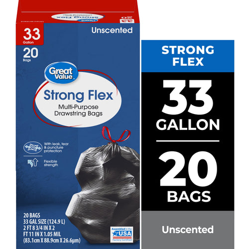 Blue Great Value Strong Flex box showing 33 gallon, 20 bags and an image of a tied black trash bag on front