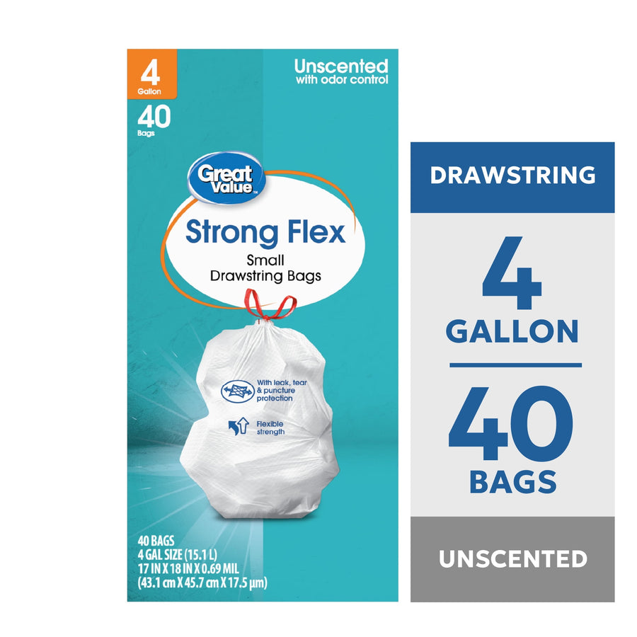 Front of Great Value Strong Flex small drawstring trash bag box showing 4 gallon, 40 bags and tied white bag image