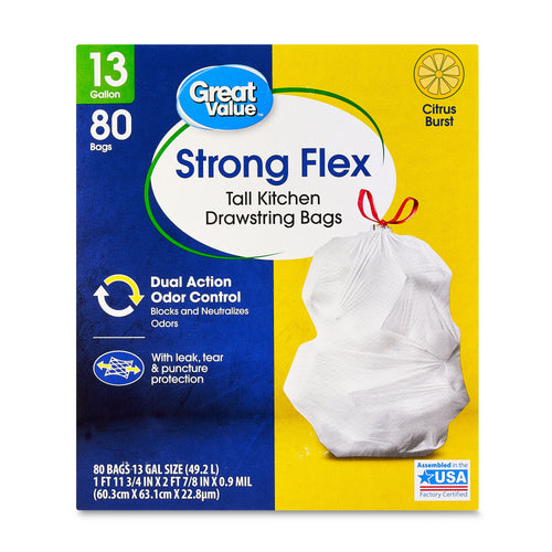 Close-up of Great Value Strong Flex tall kitchen drawstring bags box front, showing dual action odor control and bag illustration