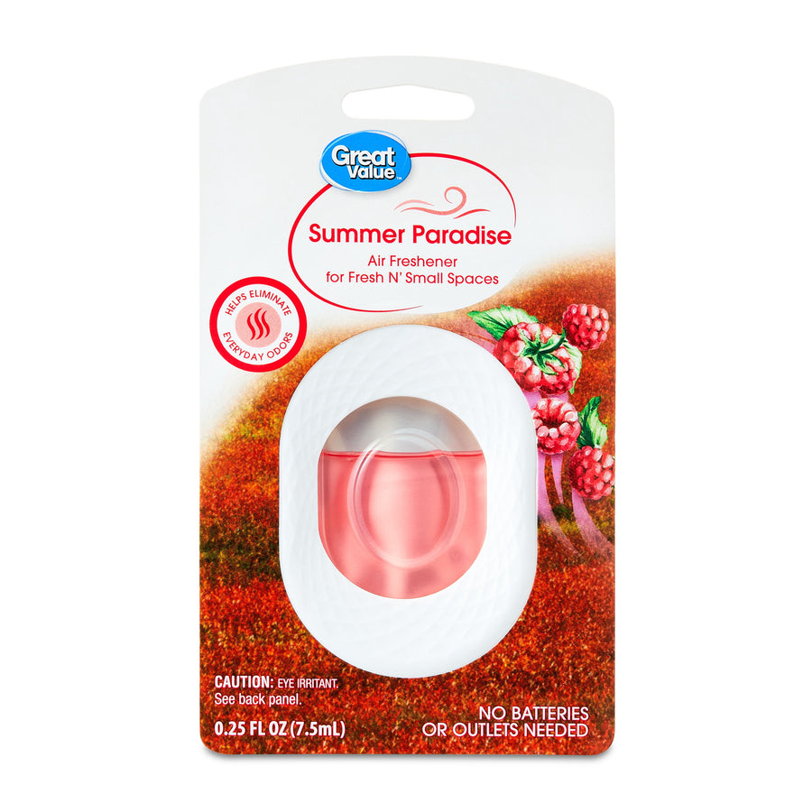 Great Value Summer Paradise Fresh N' Small packaged liquid air freshener in blister card with visible pink refill and berry artwork.