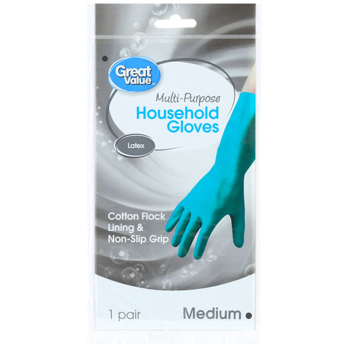 Packaged Great Value multi-purpose teal latex household gloves on grey branded backing with size and features text