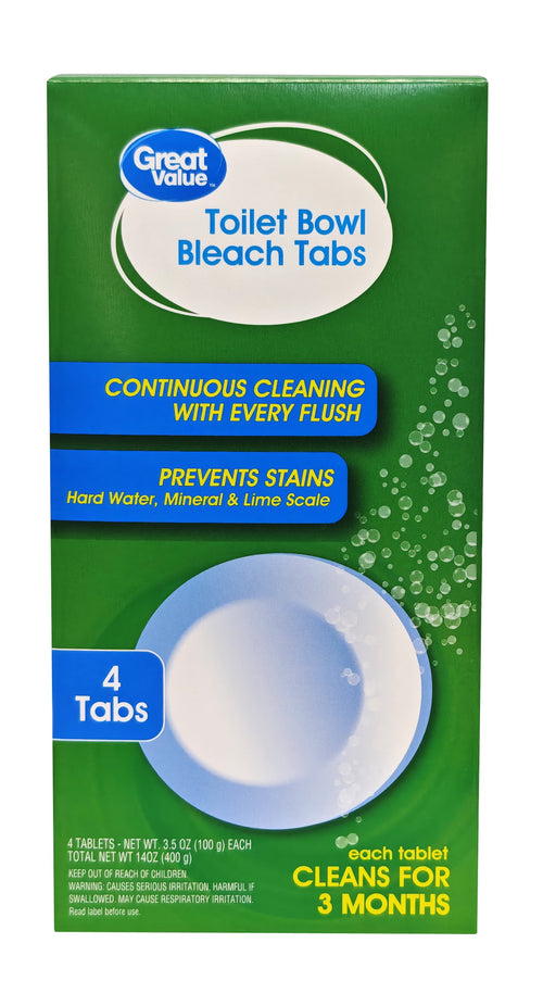 Studio product shot of a green Great Value Toilet Bowl Bleach Tabs box showing branding, benefits text and circular tablet illustration