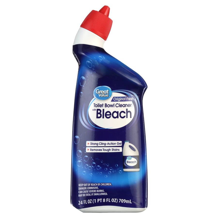 Single Great Value Toilet Bowl Cleaner bottle with blue label, 'Bleach' branding and angled neck with red cap on white background.