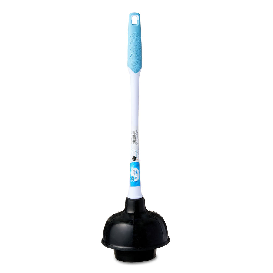 Great Value toilet plunger with white and aqua ergonomic handle and black rubber cup on white background