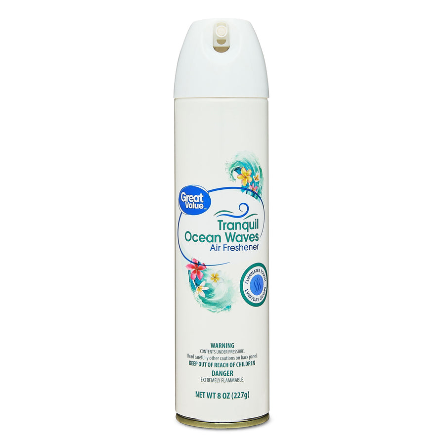 Great Value Tranquil Ocean Waves aerosol air freshener can with white cap and floral wave label, front view