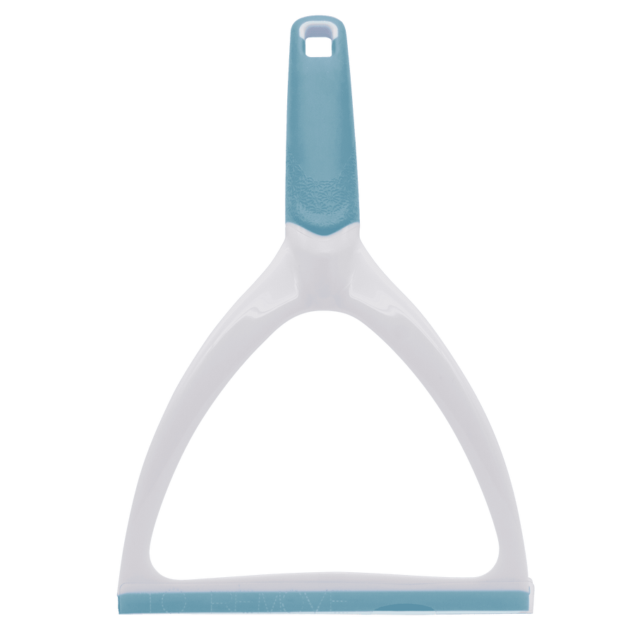 White plastic triangular-frame shower squeegee with light-blue rubber blade and matching handle top.