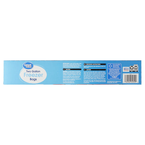 Long horizontal view of Great Value two-gallon freezer bags box back panel with text and recycling icons
