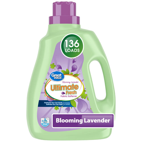 Great Value Ultimate Fresh fabric softener bottle in pastel green with purple label and cap, 136 loads badge