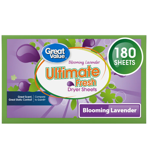 Great Value Ultimate Fresh Blooming Lavender dryer sheets box front with green border and 180 sheets callout
