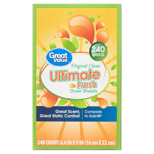 Front-facing box of Great Value Ultimate Fresh dryer sheets with orange-green floral design and 240 sheets badge