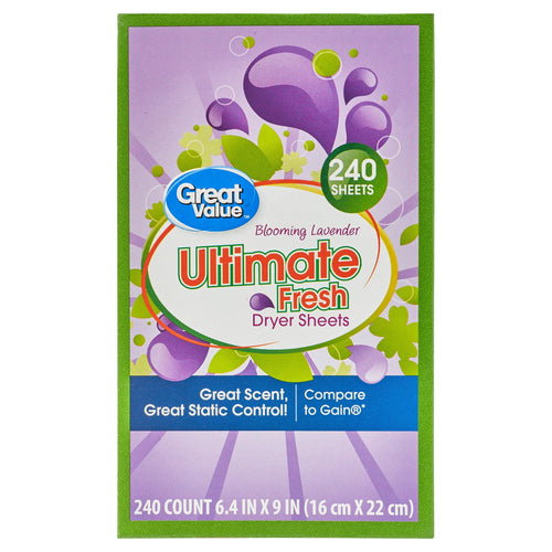 Front-facing Great Value Ultimate Fresh dryer sheets box in lavender packaging with 240 sheets callout
