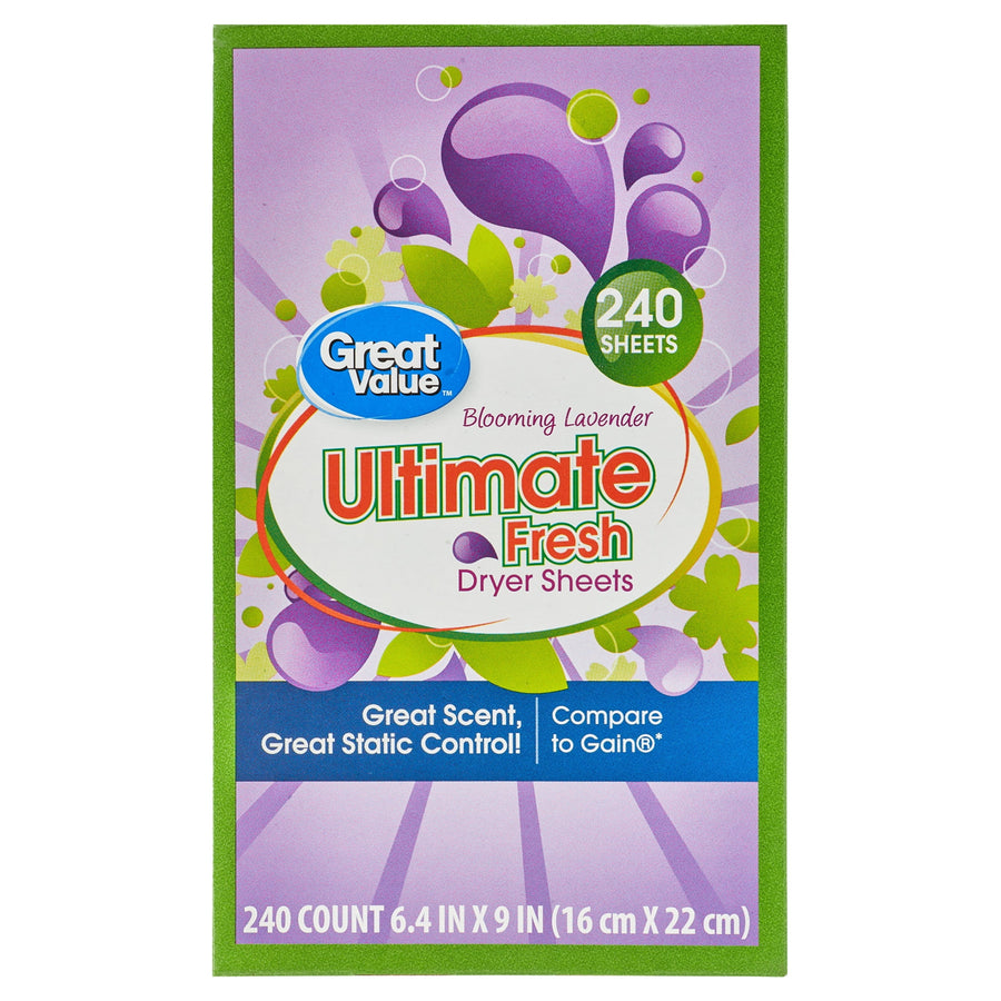 Front-facing Great Value Ultimate Fresh dryer sheets box in lavender packaging with 240 sheets callout
