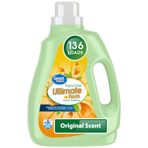 Green Great Value Ultimate Fresh fabric softener bottle with front label and 136 loads badge