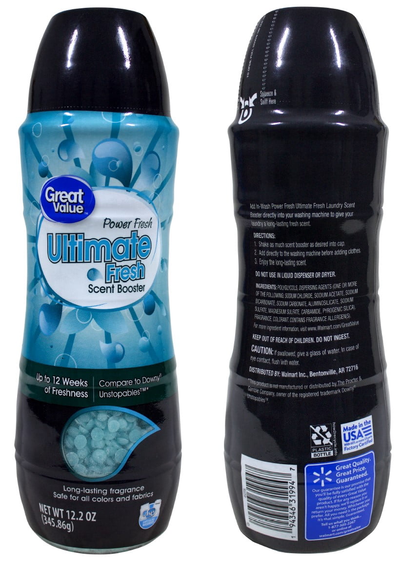 Front and back views of Great Value Ultimate Fresh Power Fresh scent booster bottles with teal label, black cap and ingredient panel