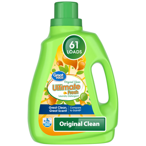 Bright green Great Value Ultimate Fresh laundry detergent bottle with 'Original Clean' label and 61 loads badge on front