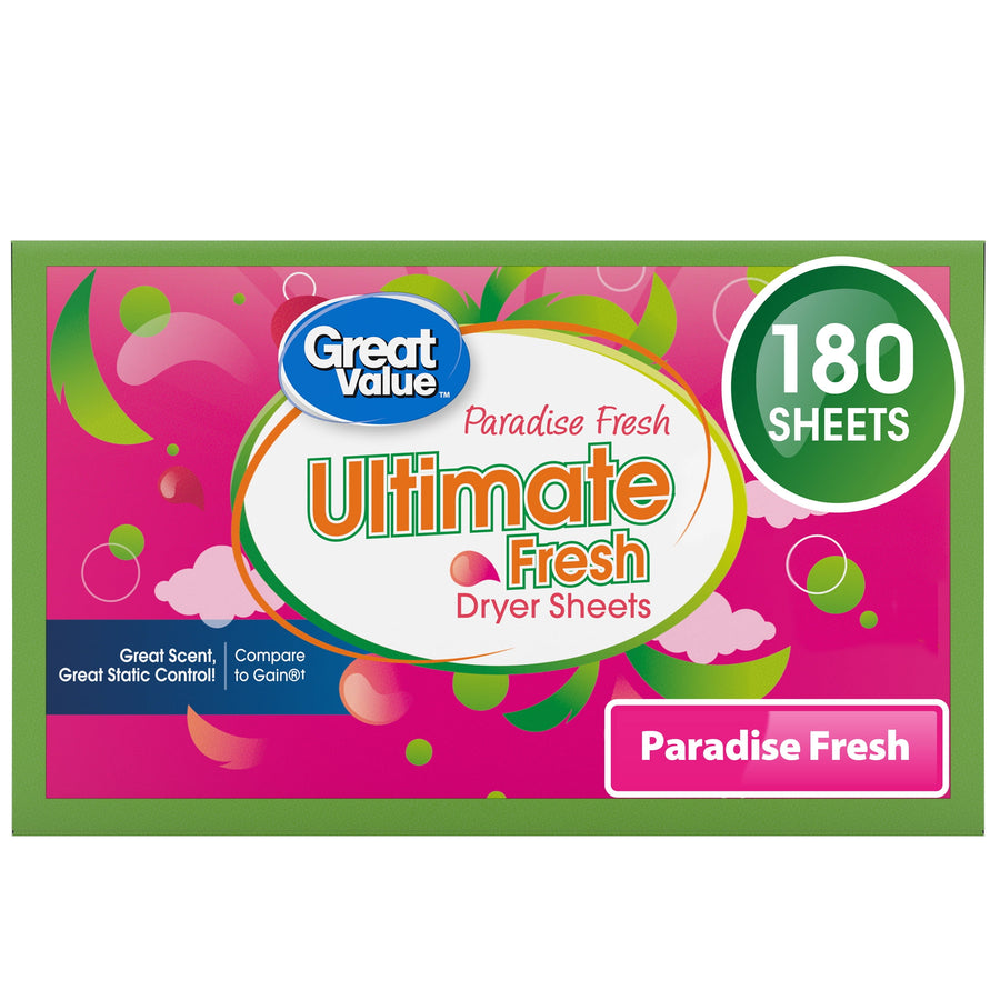 Bright pink Great Value Ultimate Fresh Paradise Fresh dryer sheets box with 180 sheets badge and colorful accents