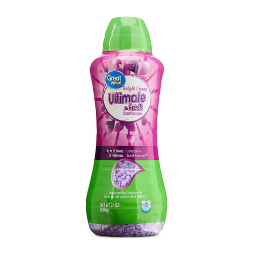 Great Value Ultimate Fresh Twilight Dreams scent booster bottle with pink and green packaging and visible purple scent beads