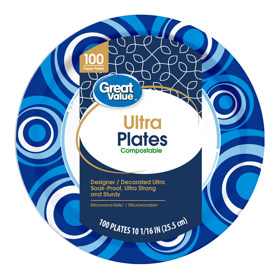 Great Value Ultra 10" paper plate with bold blue concentric-circle border and product label reading 'Ultra Plates'
