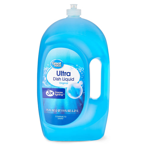 Tall translucent blue Great Value Ultra dish liquid bottle with built-in handle and front product label