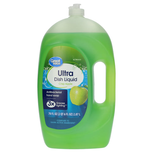 Green Great Value Ultra Dish Liquid bottle labeled Crisp Apple with handle and front product label