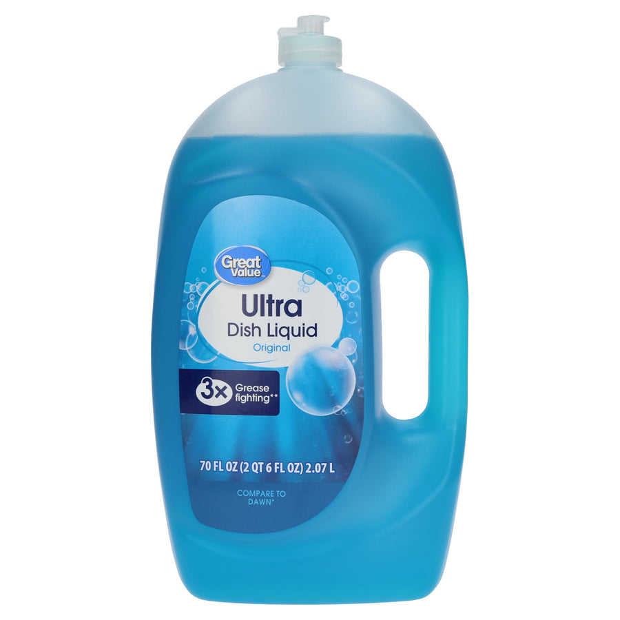 Large translucent blue jug of Great Value Ultra Dish Liquid with handle and front label on white background