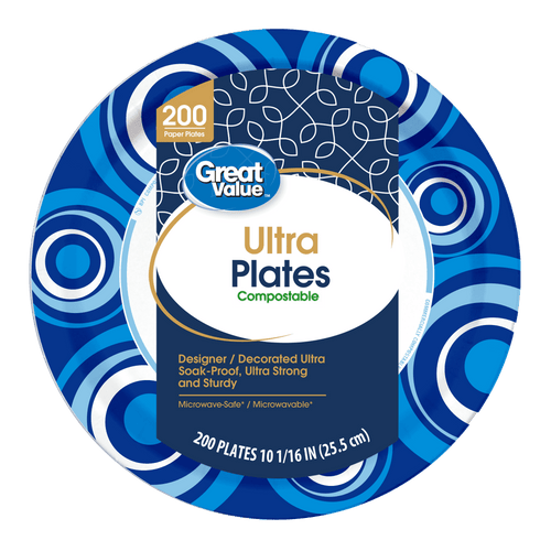 Great Value Ultra Plates package label over blue swirl plate design showing product branding and size.