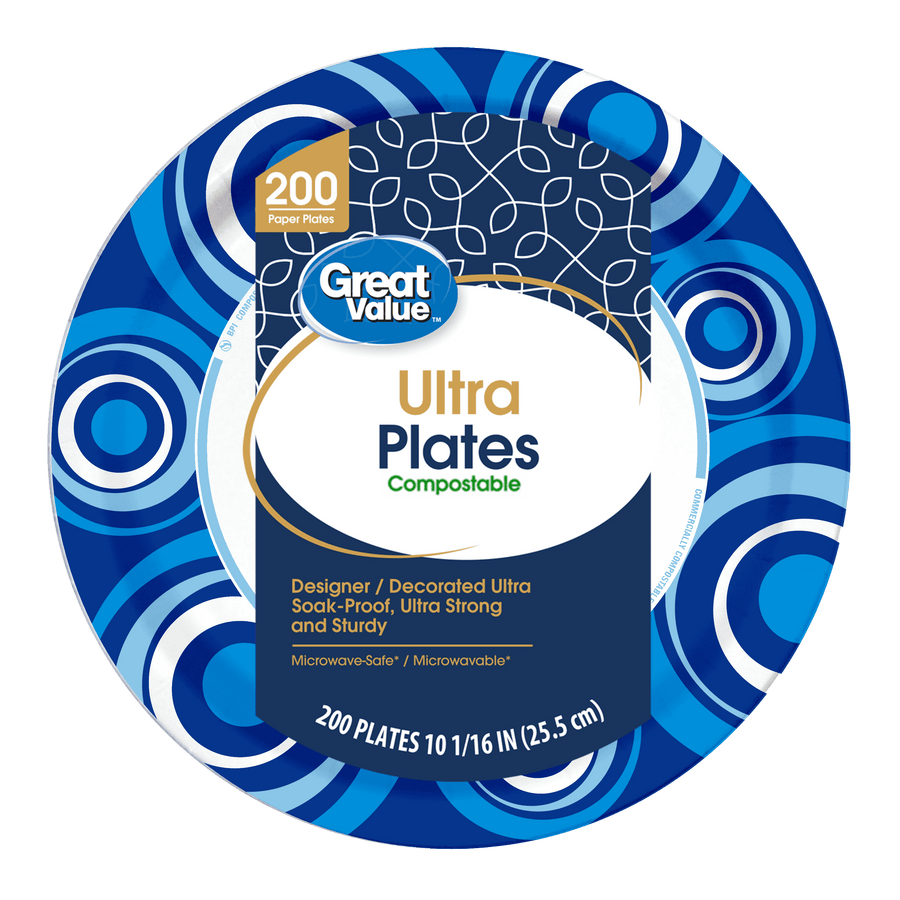Great Value Ultra Plates package label over blue swirl plate design showing product branding and size.