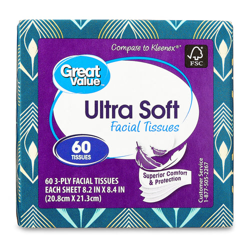 Close-up front view of Great Value Ultra Soft facial tissue cube with purple label, '60 Tissues' badge and feather graphic