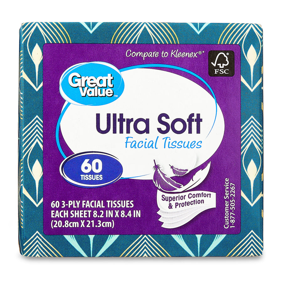 Close-up front view of Great Value Ultra Soft facial tissue cube with purple label, '60 Tissues' badge and feather graphic