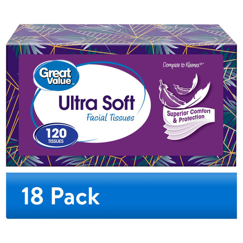 Great Value Ultra Soft facial tissue box front with purple patterned design and 120 tissues callout