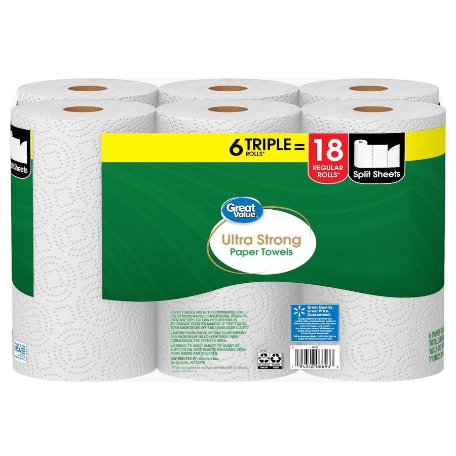 Rear or alternate view of Great Value Ultra Strong paper towels six-roll pack showing packaging label and barcode area.