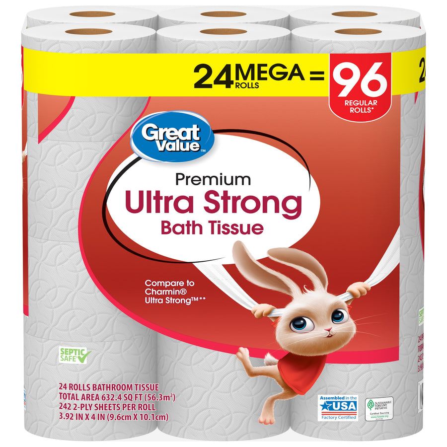 Close-up of Great Value Ultra Strong bath tissue pack label with 24 mega = 96 regular rolls callout