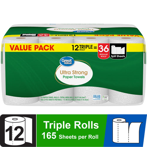 Great Value Ultra Strong paper towels value pack front view showing green packaging and '12 triple = 36' label.