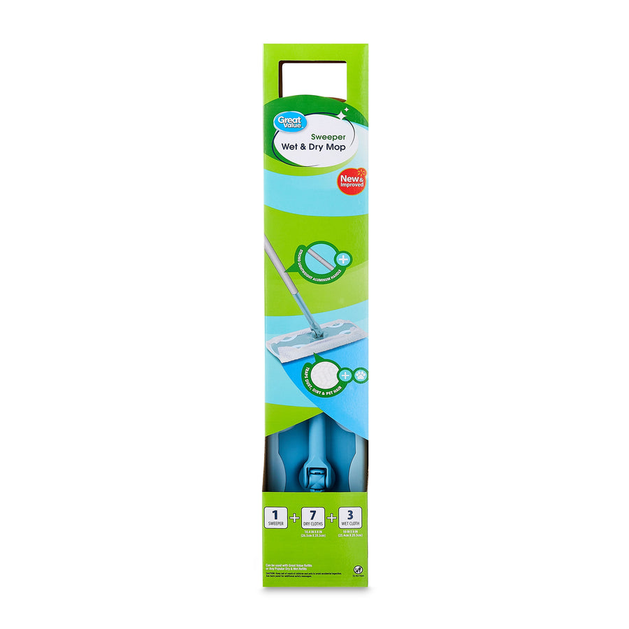 Tall rectangular retail box for Great Value Sweeper Wet & Dry Mop showing product image and peek window with mop inside