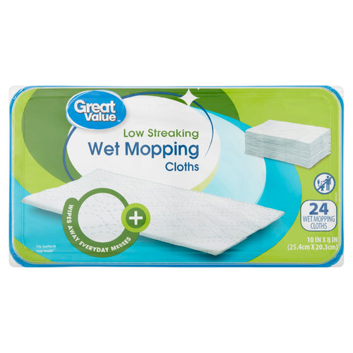 Flat front-facing shot of Great Value Low Streaking Wet Mopping Cloths package showing product image and branding