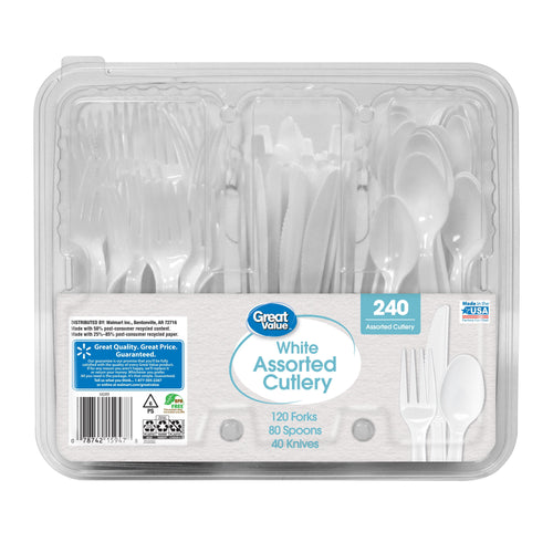 Clear clamshell package of Great Value white assorted cutlery with visible label and separated compartments for forks, knives and spoons