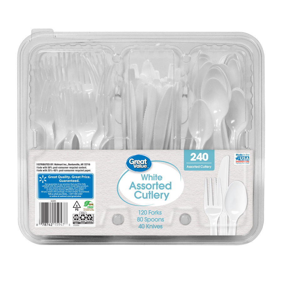 Clear clamshell package of Great Value white assorted cutlery with visible label and separated compartments for forks, knives and spoons