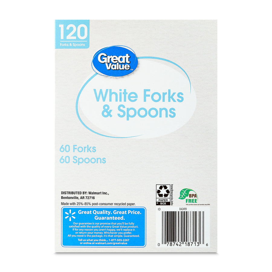 Box back of Great Value White Forks & Spoons showing product name, barcode and guarantee badge