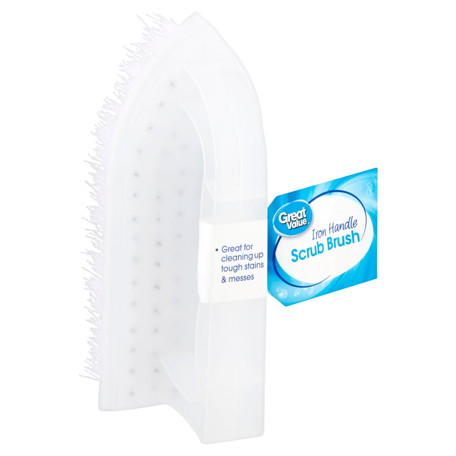 White plastic scrub brush with iron-style handle shown upright with Great Value hang tag and label