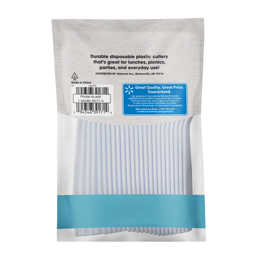 Back of Great Value clear-front bag showing stacked white disposable spoons, barcode, and guarantee panel