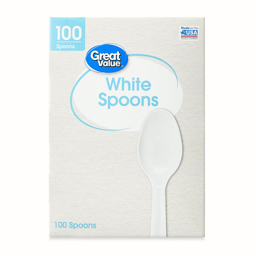 Front-facing Great Value White Spoons box with large spoon graphic and light blue branding on a textured background