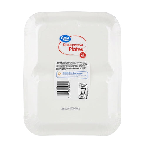 Back of a white wrapped pack of Great Value Kids Alphabet Plates showing barcode, warning text and brand label