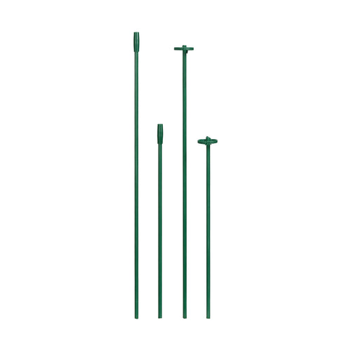 Four green metal garden support stakes of varying heights with molded tips on a white background