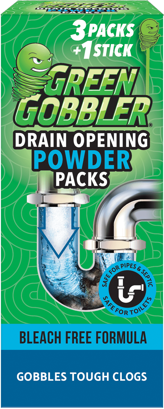 Green Gobbler drain opening powder packs retail box with pipe illustration and bleach-free claim