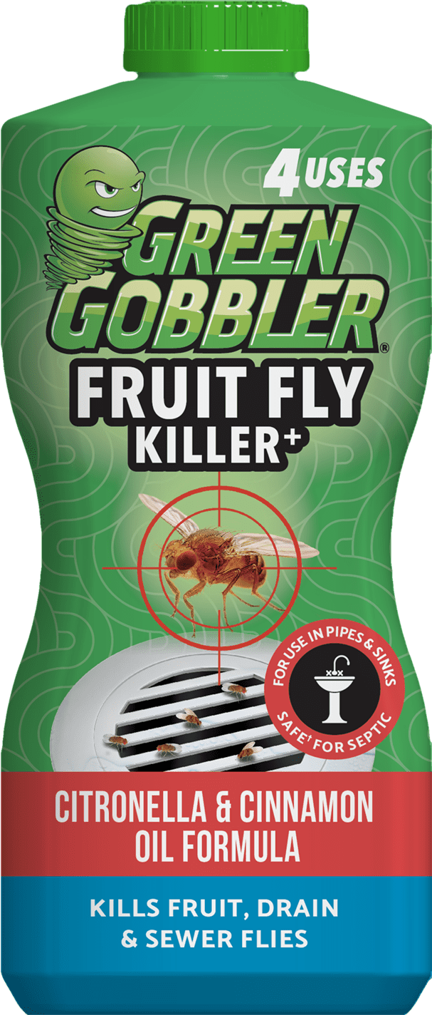 Green Gobbler Fruit Fly Killer bottle front with target graphic over a drain and citronella & cinnamon label